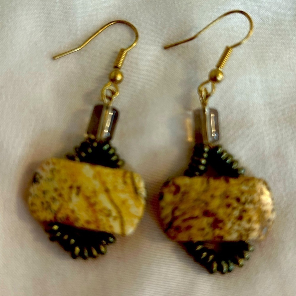 Semiprecious Stone Earrings W’ Picture Jasper, African Brass, Smoky Quartz NWTs